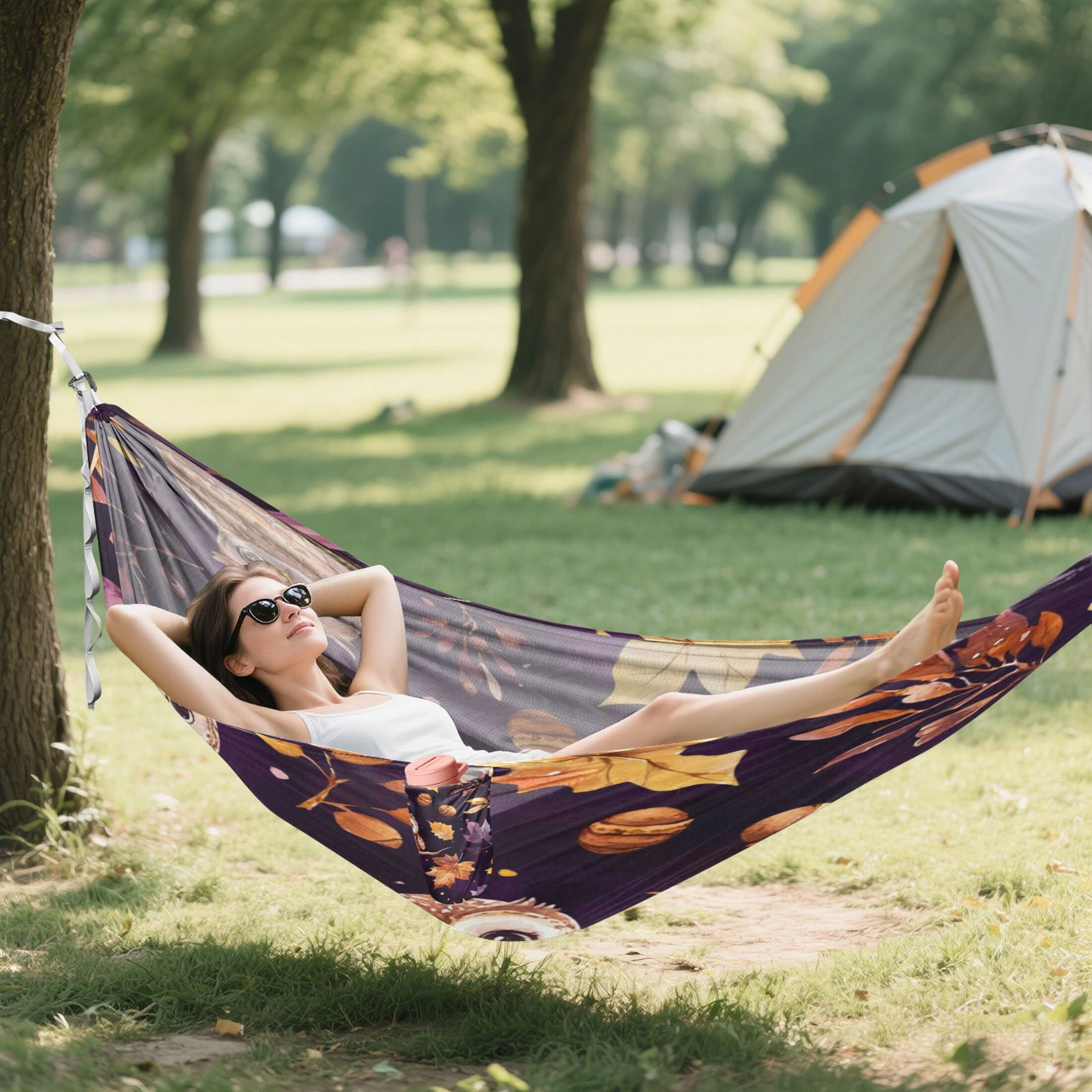 Wobogo Adorable Baby Owls and Acorns Pattern Camping Hammocks 330 lb Capacity with Tree Straps and Hanging Pockets for Outside Hiking Beach Backpack Travel