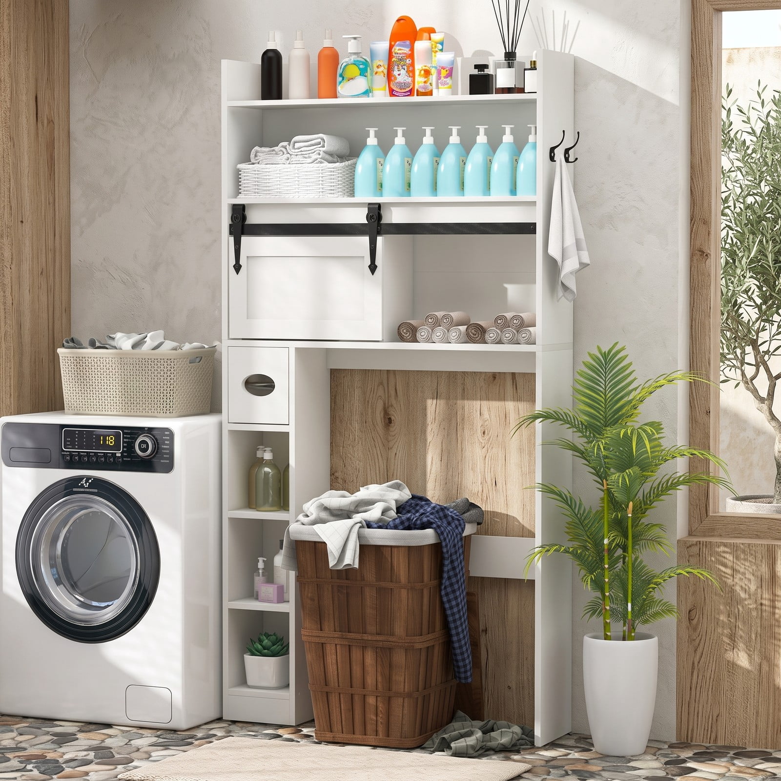ALPULON Over The Toilet Storage Cabinet with Sliding Barn Door and 2 Adjustable Shelves, Freestanding Bathroom Space Saver Organizer Over Toilet, White