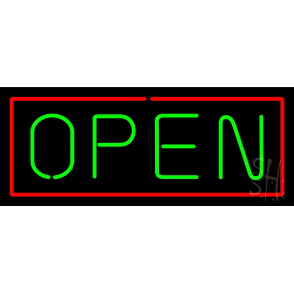 Open - Horizontal Green Letters with Red Border LED Neon Sign 10 x 24 - inches, Clear Edge Cut Acrylic Backing, with Dimmer - Bright and Premium built indoor LED Neon Sign for storefront.