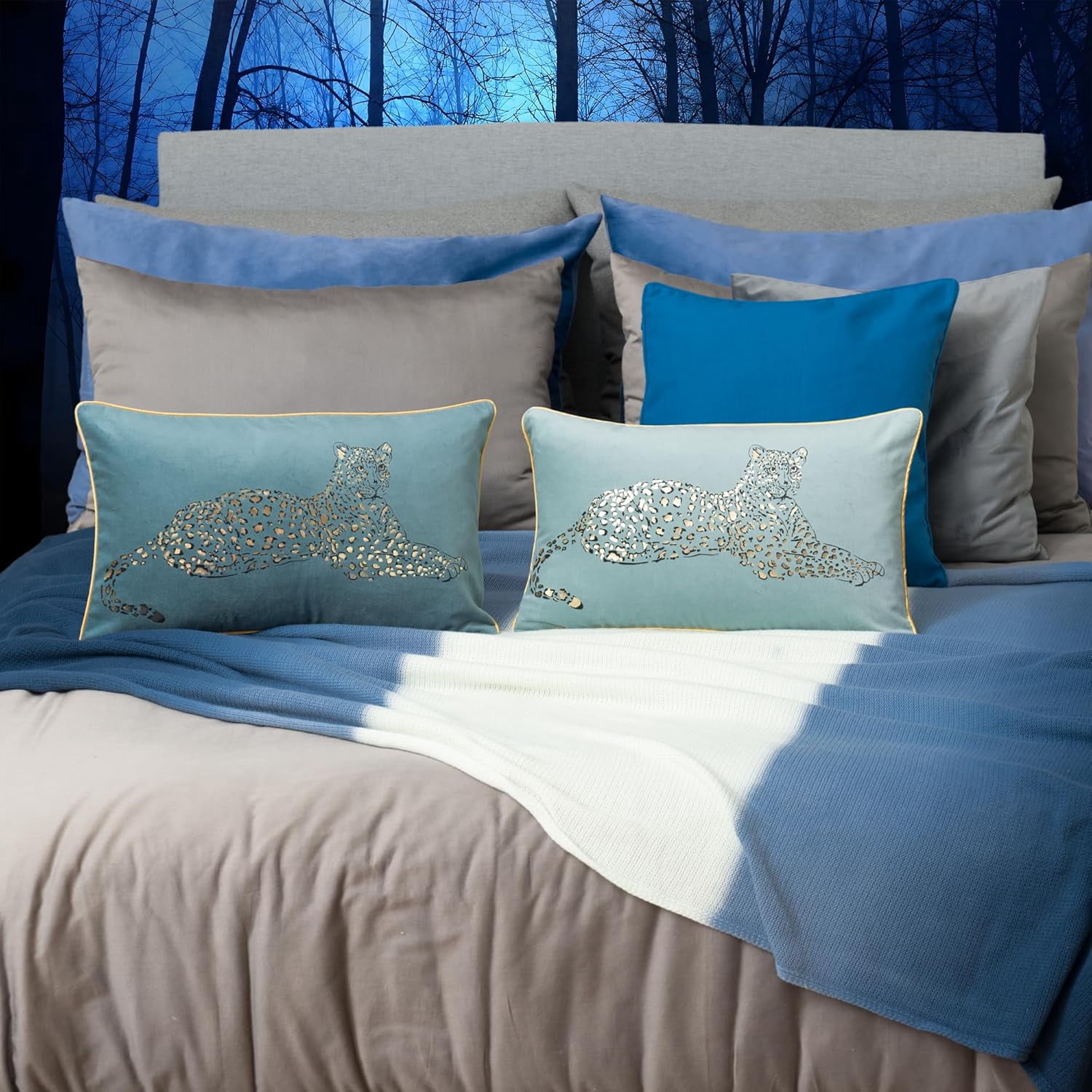 JWH Soft Cotton Velvet Foil Print Leopard Throw Pillow Covers for Couch Sofa Bedding Decoration Light Blue 12x20inch