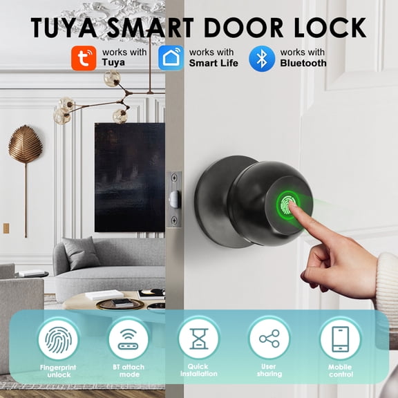 Smart Fingerprint Door Lock for Bedroom, Keyless Entry Door Knob with Handle, Biometric Front Door Lock with App & Backup Keys for Home, Apartment, Office, Hotel
