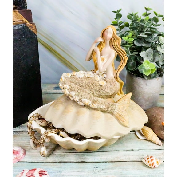 Sand Brown Abstract Mermaid Sitting On Giant Sea Shell Jewelry Box Figurine 7"H