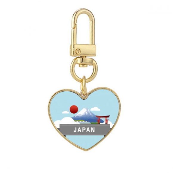 Japan Mount Red Sun Rail Train Temple Gold Heart Keychain Metal Keyring Holder
