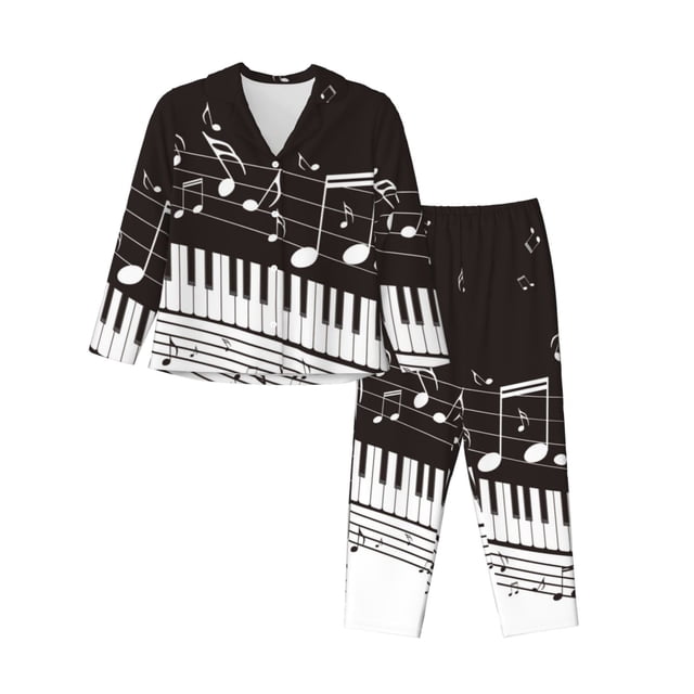 Xecao Piano Keys With Musical Notes for Women's Long-Sleeved Pajama Set with Button Front and Pockets Soft Lounge Sleepwear for Home Relaxation-X-Large