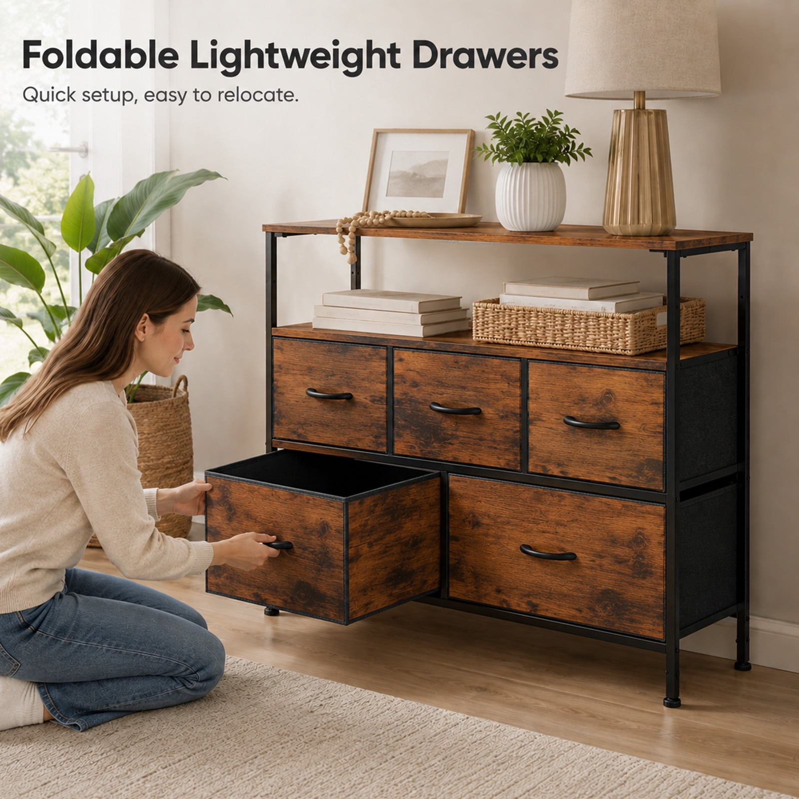 Alvantor Tall Fabric Dresser, TV Stand Media Console, 5 Drawer Storage Tower with Wooden Top for Bedroom, Entryway, Nursery