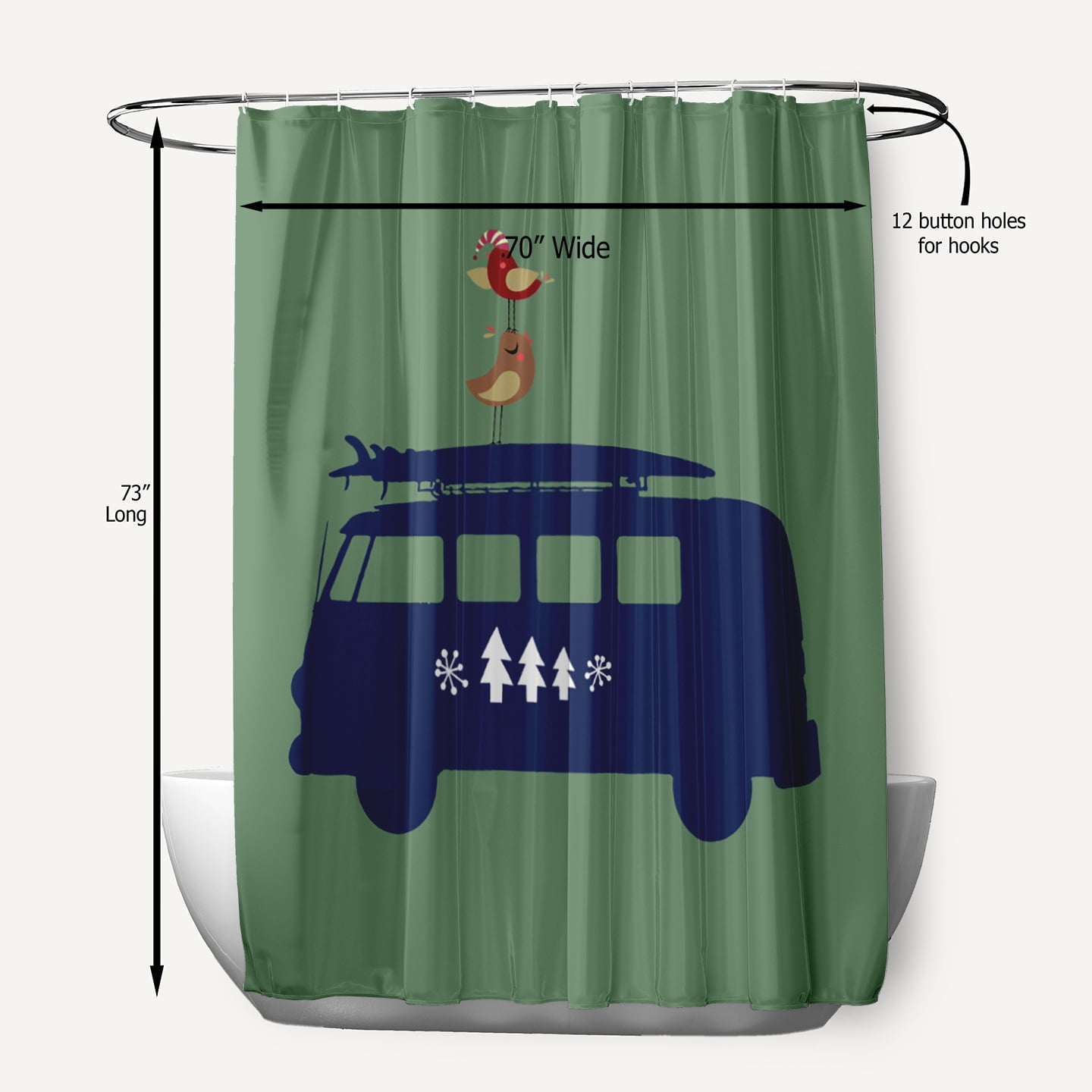 Simply Daisy 70" W x 73" L Christmas Surf Bird Polyester Shower Curtain, Succulent Green [1 Ct]