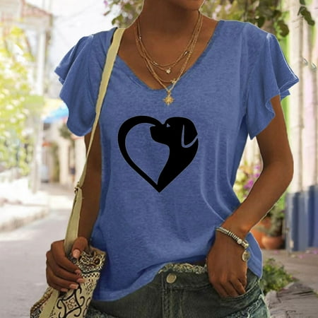 

Juebong I Have A Dog Women Ruffles Cap Sleeve Shirts Comfy V Neck Basic Tops Dog Lover Flowy Blouse Funny Printed Ruffled Short Sleeve Solid Tunic T Shirts