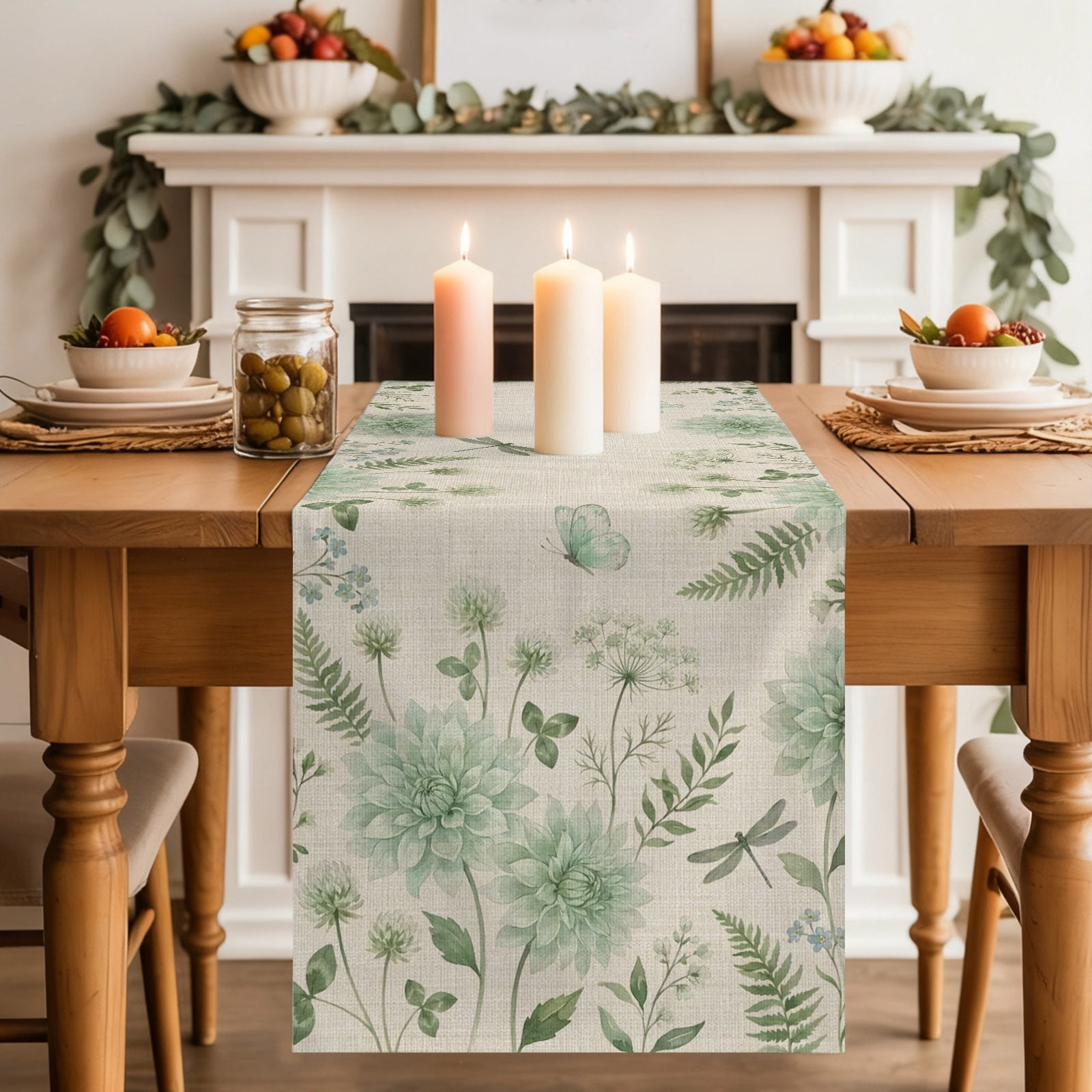 Green Floral Table Runner Summer Spring Green Dragonfly Butterfly Linen Texture Washable Cotton-linen Table Runners Dining Kitchen Decoration for Everyday Home Wedding Party Decor 13 x 48 Inch