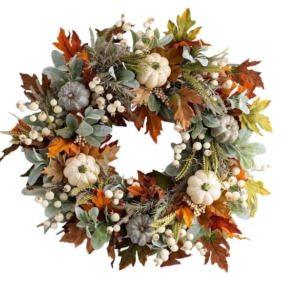 Fall Wreath for Front Door,20“  Autumn Wreath with Maple Leaf,Pumpkins and White Berries,Artificial Pumpkins Wreath,Thanksgiving Wreaths,Maple Leaf Wreath Decor
