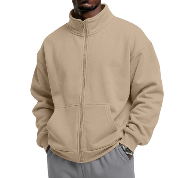 Dwelliawo Mens Zip Up Sweatshirt No Hood Mock Neck Sweatshirts Men's Fleece Jackets Full Zip Lightweight Jacket Seam Pocket Khaki L