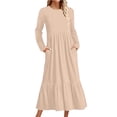 thumbnail image 2 of cfhntfmh Robes Fluides pour Femmes Automne Décontracté Col Rond Robe Midi Ample Manches Longues Plissée avec Poches, 2 of 6