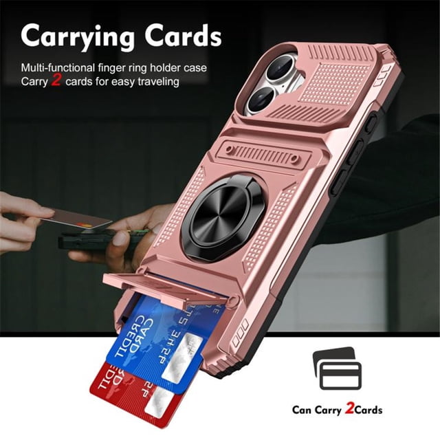 For Apple iPhone 16 Phone Case with Finger Ring Holder Kickstand, Card Slots,Heavy Duty Shockproof Rugged Protective Working with Magnetic Car Phone Mount,Rose Gold,For iPhone 16