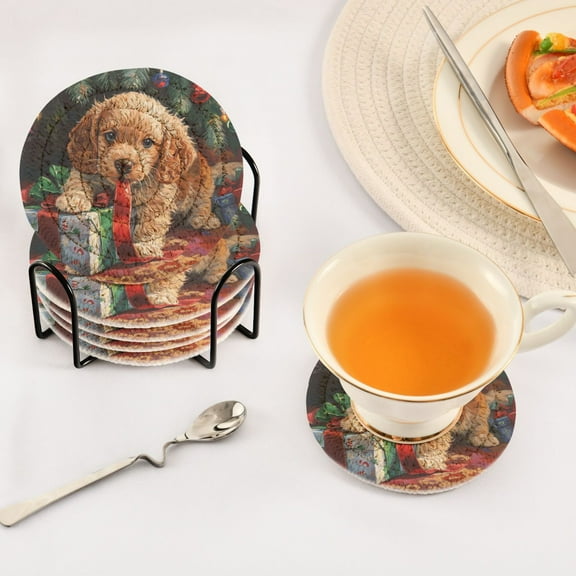 BZSMCE 6Pcs Drink Coasters With Holder 3.94Inch Puppy with Christmas Presents Creative Coil Coaster Coasters Colors Absorbent Coasters for Drinks Coasters Set Thicken Heat for Home Table