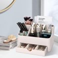 thumbnail image 6 of Leather Makeup Organizer with Drawer, Cosmetic Storage for Dresser Countertop and Bathroom Vanity, Beauty Holder for Lipstick Brush Skincare (Beige), 6 of 18