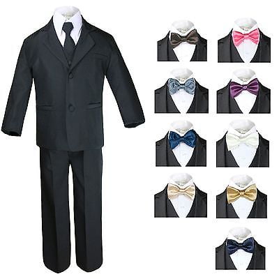 

NEW BABY BOY KID TEEN 6 PC Extra Bow tie WEDDING FORMAL TUXEDO SUIT BLACK S-20