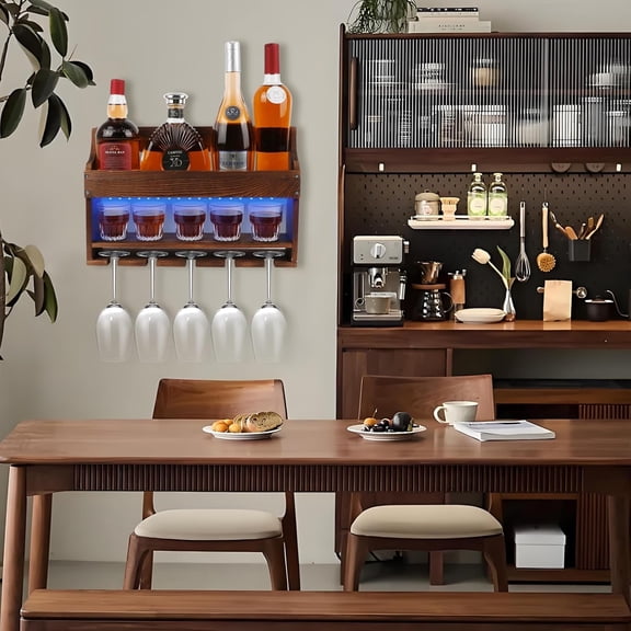 2 Pack Wooden Wine Rack Wall Mounted with LED Light, Bar Liquor Shelf for Kitchen Dining Room Home Bar Storage Organizer