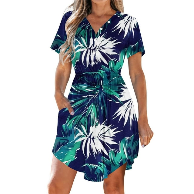 Robe d'Été à Imprimé Floral pour Femmes Col en V Manches Courtes Robes Décontractées Amples de Plage avec Poches
