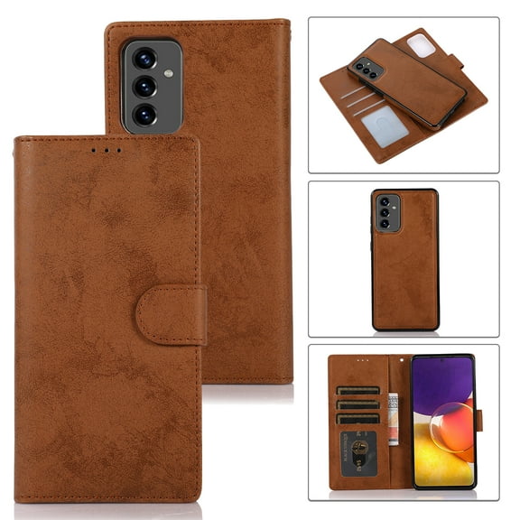 SaniMore for Samsung Galaxy A73 5G 6.7" 2022 Case, Flip Folio PU Leather Wallet Cover with Detachable Shell Wrist Strap Kickstand Card Slots Business Shockproof Case with Magnetic Clasp, Brown