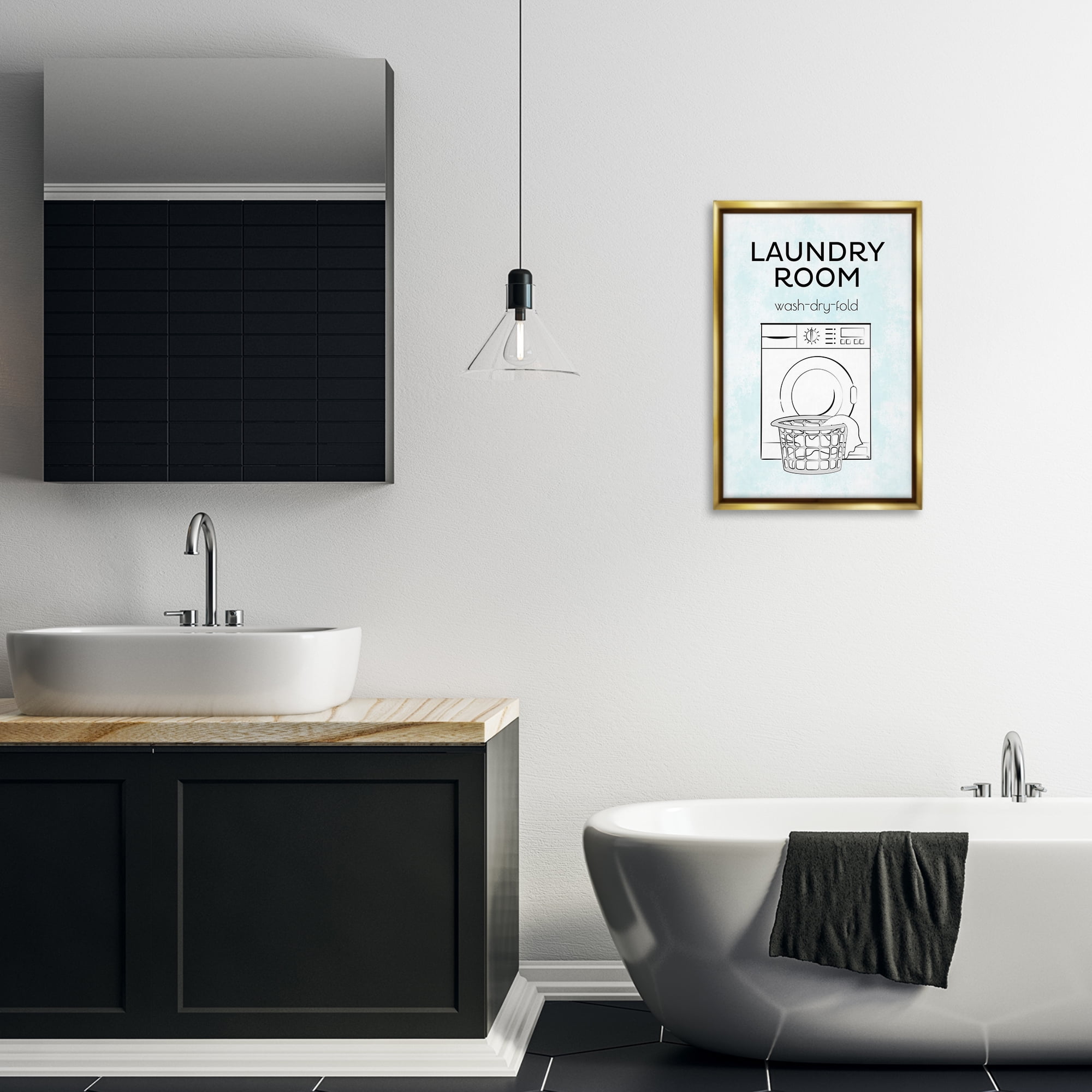 Stupell Industries Minimal Laundry Wash Dry Fold Bath & Laundry Painting Gold Floater Framed Canvas Art Print Wall Art, 17 x 25