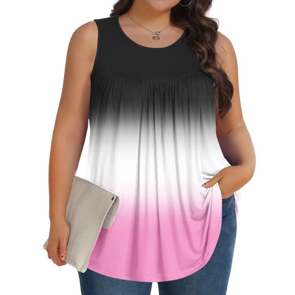 PNTUTB Women's Plus Size Summer Fashion Gradient Printed Round Neck Loose Comfortable Sleeveless Tops