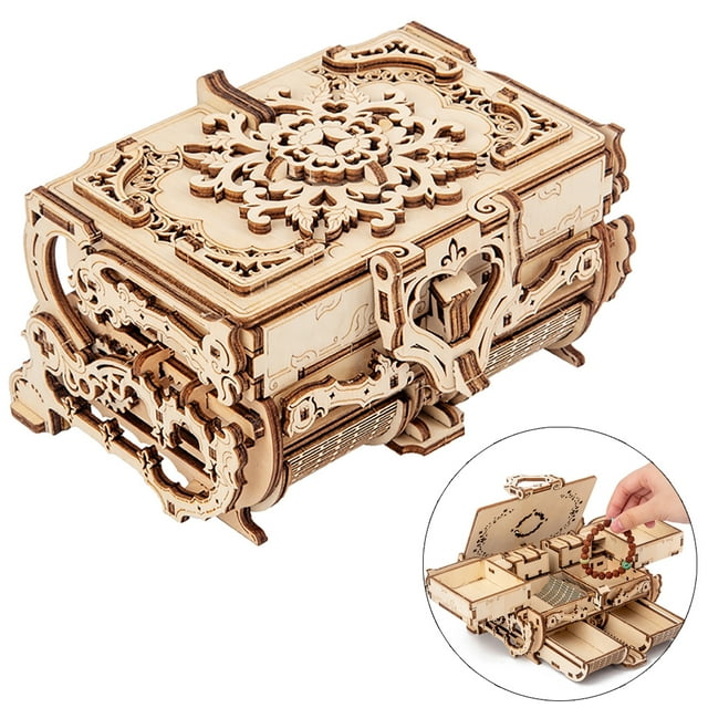 Wooden Puzzle Kit DIY Hollow Treasure Box Wooden Model Building Kit Jewelry Box