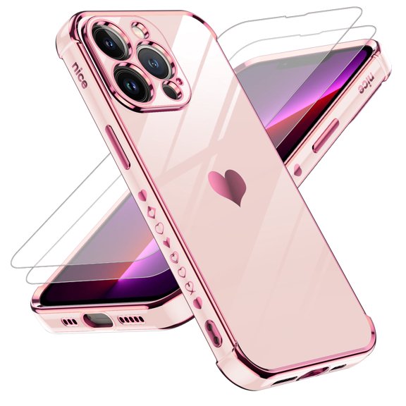 LeYi for iPhone 13 Pro Case: Soft Cute Shockproof Slim Phone Cover with Tempered Glass Screen Protector [2 Pcs] - Heart Funda Para Apple iPhone 13 Pro, Pink