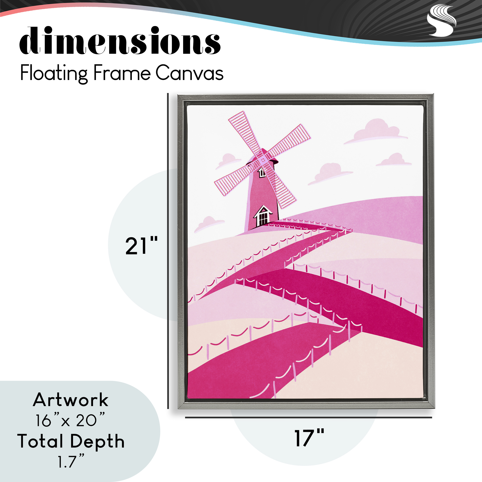 Pink Hills and Windmill Gray Framed Floater Canvas Wall Art, design by Ziwei Li