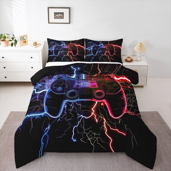 Erosebridal Teens Gamepad Comforter Sets Twin Size, Futuristic Lightning Comforters & Duvets, Blue Red Reversible Duvet Insert, Ultra Soft Room Decoration, 2pcs