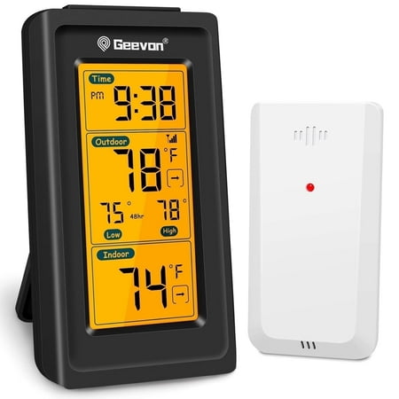 Geevon Indoor Outdoor Thermometer Wireless, Gauge with Time, High and Lows Range Outdoor Temperature Sensor(Black)