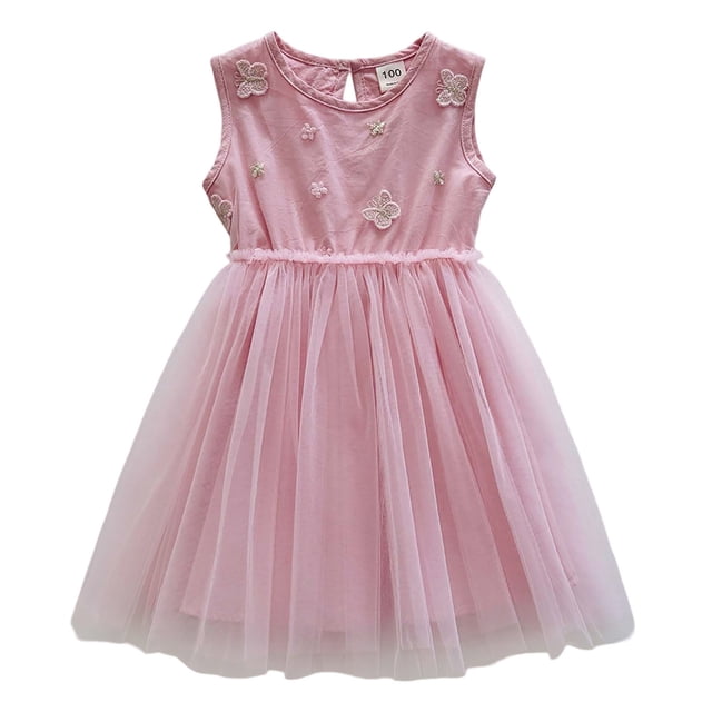 Robes Décontractées pour Bébés Filles Été en Maille Broderie Papillon Col Rond Sans Manches Robe de Fête Dansante, Rose, 12-18 Mois