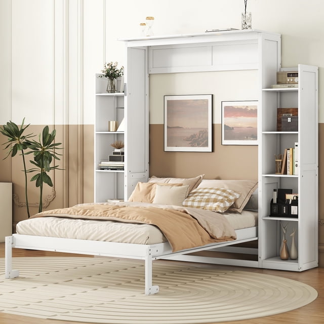 Lit Escamotable Blanc Format Grand avec Étagères et Lumières DEL