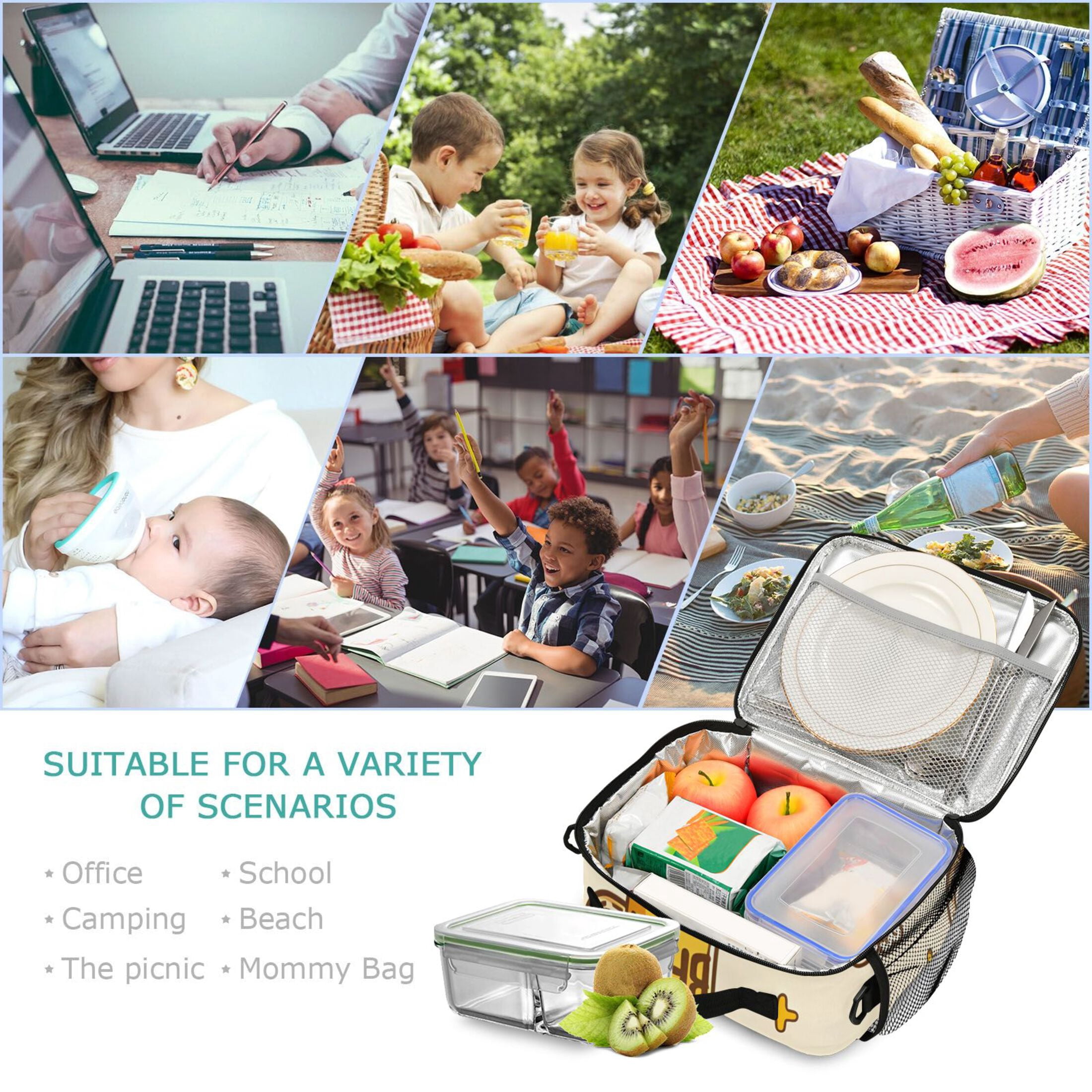 Cartoon Beers and Stars Insulated Lunch Bag Portable Cooler Bag Mommy Bag Large Capacity 6L