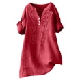 thumbnail image 3 of Embroidered Linen Shirts for Women 3/4 Sleeve Boho Gauze Blouses Dressy Casual Peasant Tops Loose Fit Tunic Shirt Wine 3XL, 3 of 6