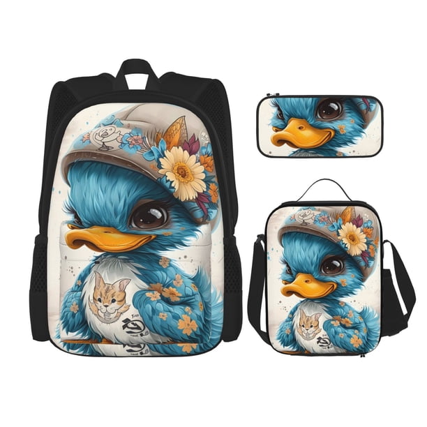 Easygdp Cute Sunflower Blue Duck Mochila para Niños y Niñas con Set de Caja de Almuerzo y Estuche para Lápices 3 en 1, Mochila Escolar Estampada para Adolescentes