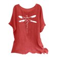 thumbnail image 3 of lcziwo Summer Tunic Tops for Women Lightweight Comfy Cotton Linen Shirts Fashion Dragonfly Print Blouses Loose Fit Short Sleeve Tees Limited Time Sales of The Day Red M, 3 of 8