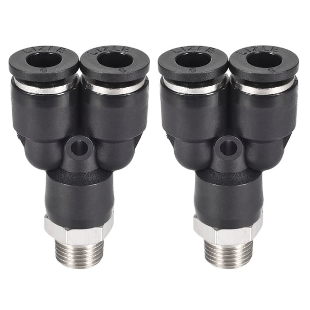 Conectores de Tubo Tipo Y de Empuje para Conectar 6mm OD x 1/8PT Hilo Macho Conectores de Tubo de Bloqueo Negro 2Pcs