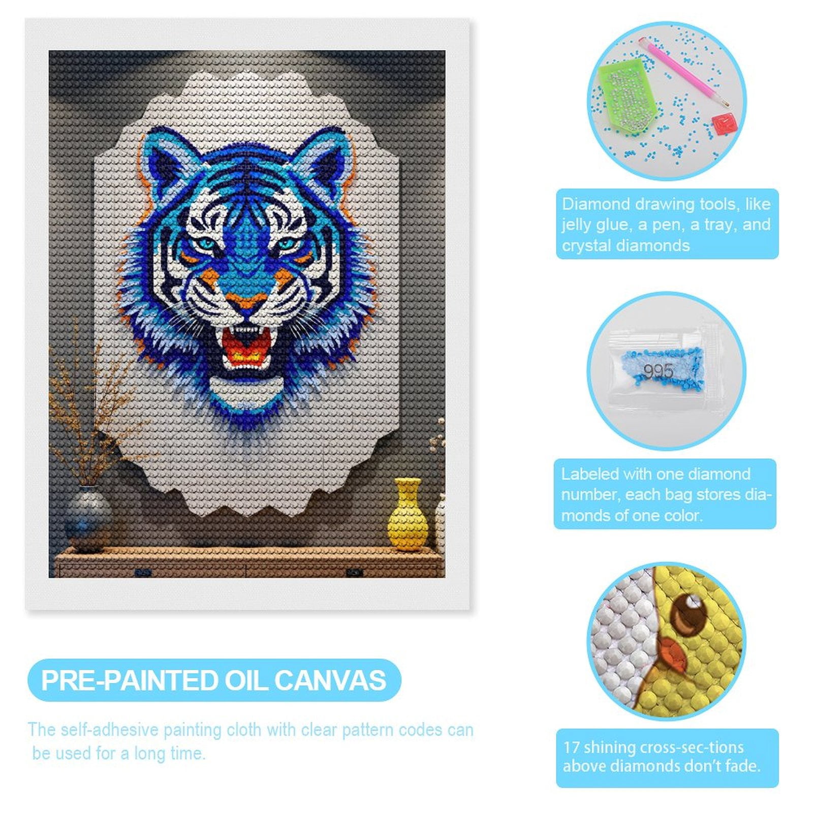 Diamond Art Kit for Adults, Blue Mosaic Tiger Wall Art Diamond Painting for Adults Beginners, 5D DIY Diamond Art Painting Kits, Colorful Diamond Painting Craft for Home Decor 12x16