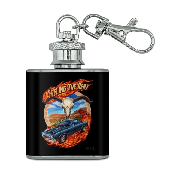 Hot Rod Muscle Classic Car Feeling Heat Steer Skull Stainless Steel 1oz Mini Flask Key Chain