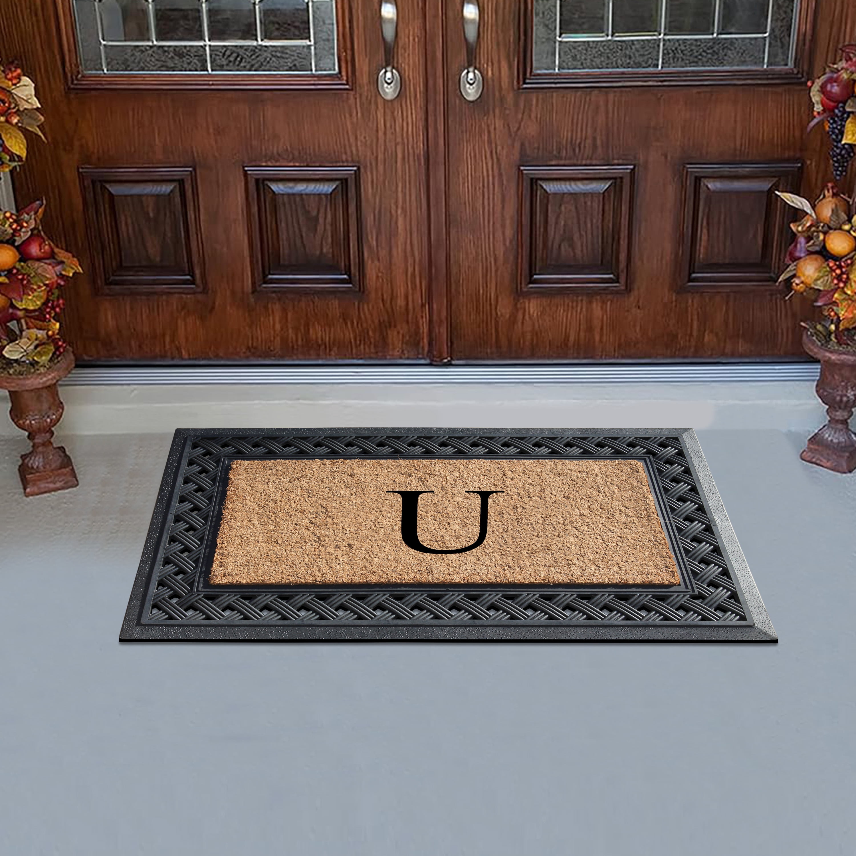 A1 Home Collections Paisley Rubber and Coir Outdoor Doormat, Non-Slip Backing, Black/Beige 23 x 38