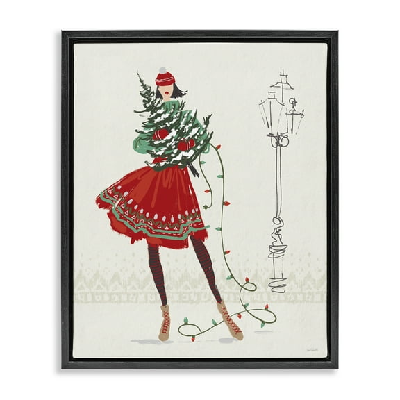 Stupell Industries Festive Fashion Girl Holiday Painting Black Floater Framed Canvas Art Prints Wall Art, 17 x 21
