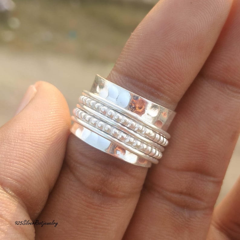 TRIDHA SILVER- Silver Fidget Spinner Ring - Wide Hammered Sterling Band With Textured Rope Meditation Design For Anxiety Relief & Unisex Minimalist Jewelry