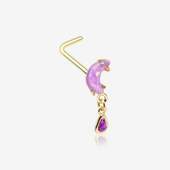BM25 Golden Opalescent Moon Sparkle Teardrop Dangle L-Shaped Nose Ring-Purple