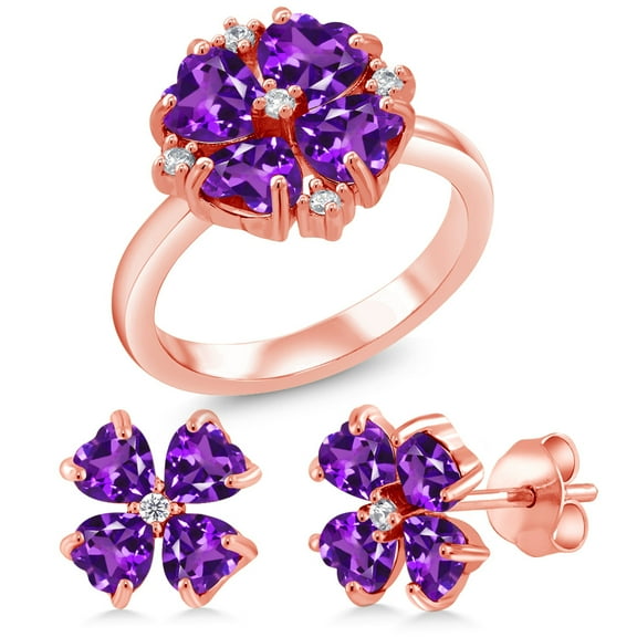 Gem Stone King 3.41 Ct Purple Amethyst 18K Rose Gold Plated Silver Ring and Earrings Jewelry Set (Size 7)
