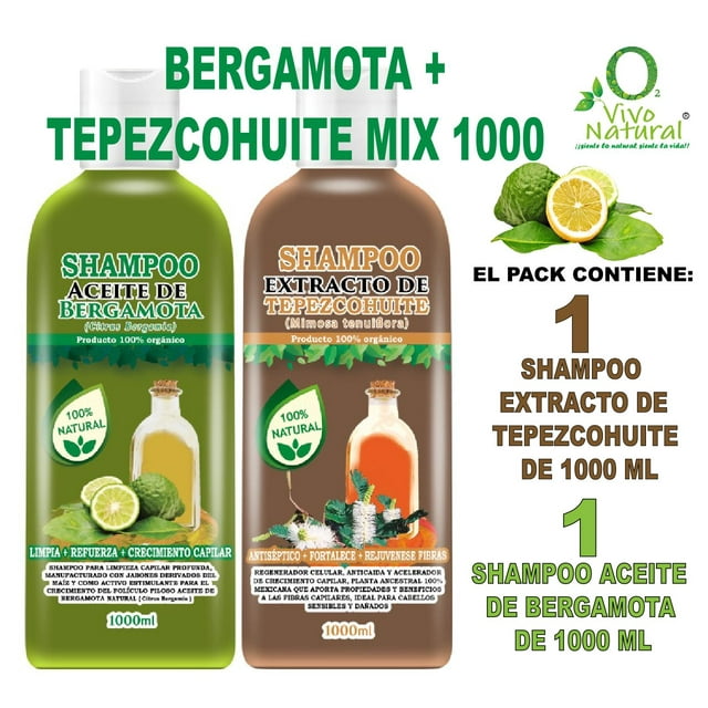 Bergamota + Tepezcohuite Mix 1000 VIVONATURAL. Shampoo Aceite de Bergamota 1000 ml + Shampoo Extracto de Tepezcohuite 1000 ml