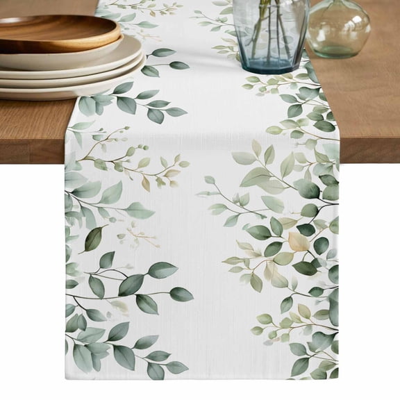 Teal Eucalyptus Leaves Table Runner, Summer Botanical Spring Weeping Washable Cotton Linen Table Runners 48 Inches Long, Dresser Scarf Runner for Nightstand/Coffee/End Tables 13''x48''