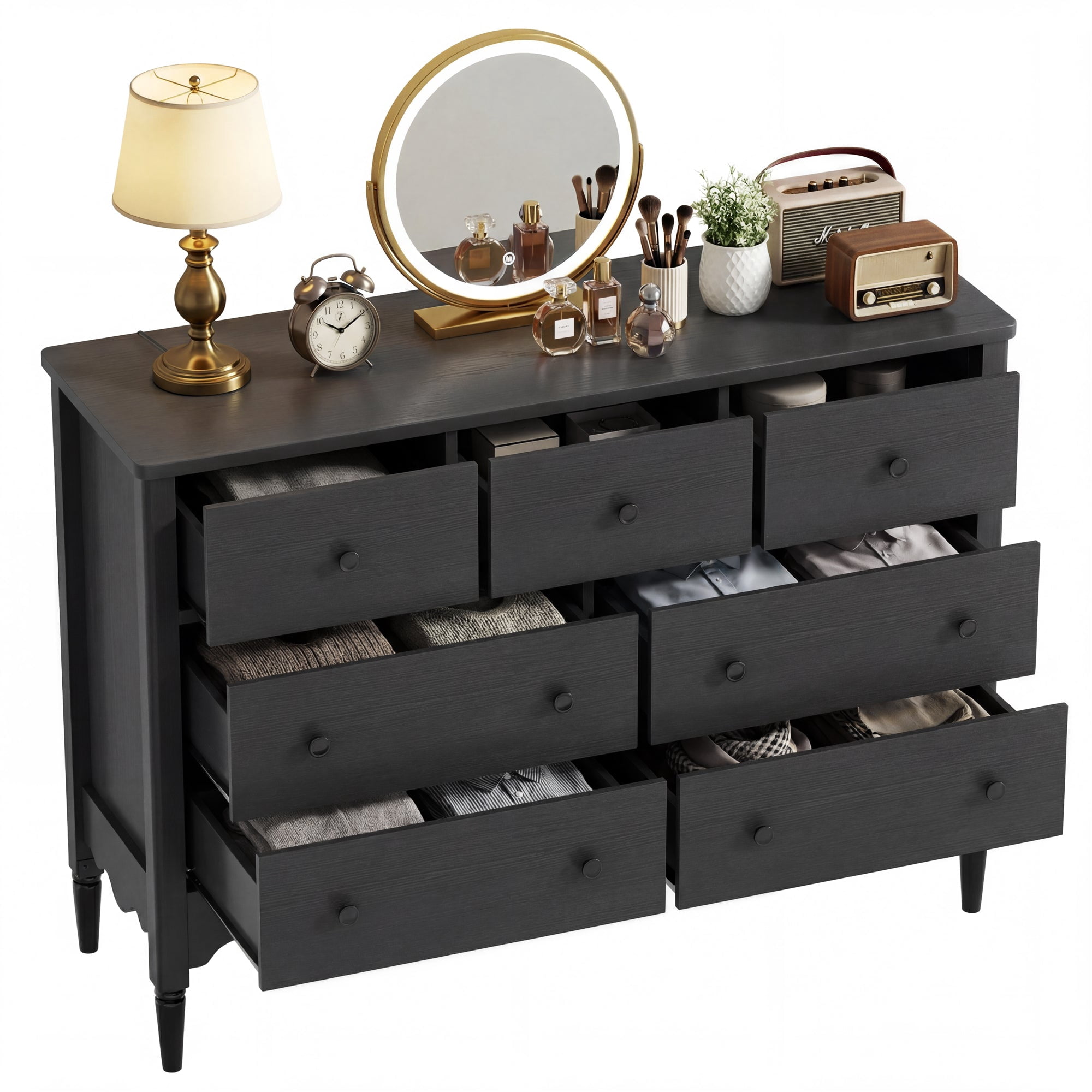iSunirm 7-Drawer Dresser, Farmhouse Wooden Chest of Drawers for Bedroom, Closet, Black