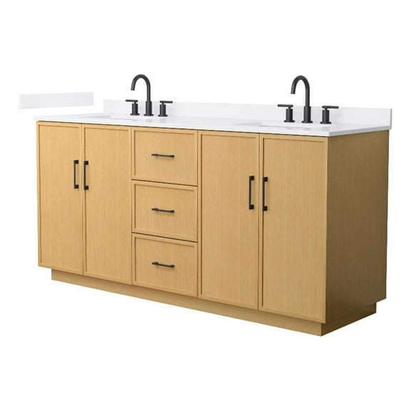 Elan TK 72" Light Oak Double Vanity & White Quartz Top (3-Hole) & Black Trim