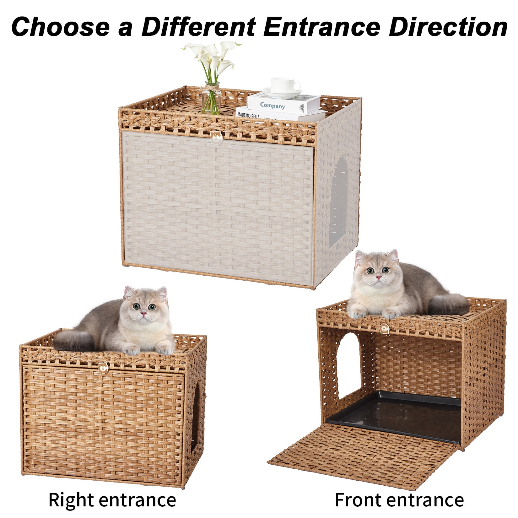 Handwoven Rattan Cat Litter Box Cabinet – Large Hidden Enclosure with Removable Mat and Fence – Stylish Boho Furniture, Easy to Clean, Covered Litterbox for Indoor Cats – Natural Color