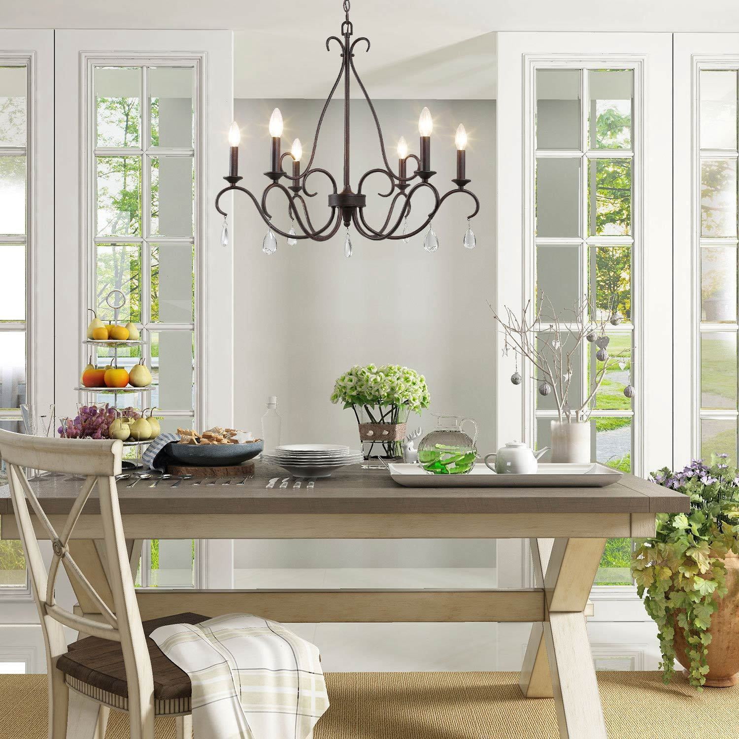 LNC Rustic 6-Light Chandelier Bronze Finish, LED Kitchen Island Light with Crystal