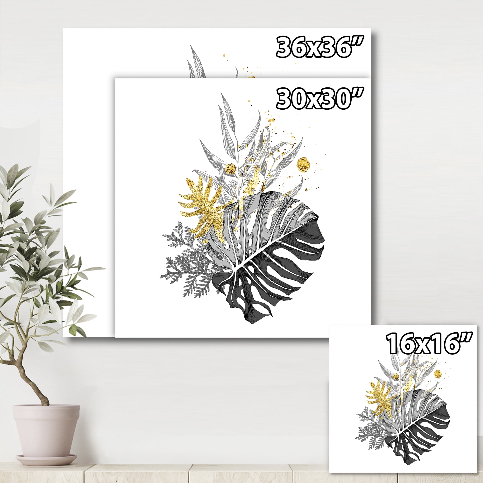 Designart ' Bouquet With Golden Tropical Leaves and Monochrome ' Tropical Canvas Wall Art Print